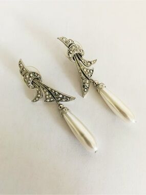 Vintage Kirks Folly Silvertone Dangle Earrings Faux Pearl Drops and Rhinestones